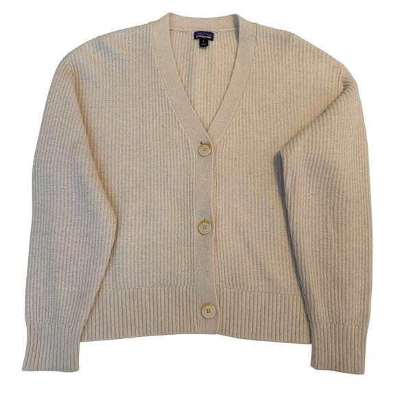 SIZE SMALL Patagonia Wornwear Recycled Wool Cream Button Front VNeck Cardigan - Picture 3 of 11